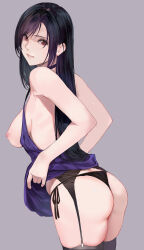 Rule 34 | 1girl, absurdres, ass, ass focus, bare shoulders, black hair, black panties, blush, breasts, closed mouth, clothes lift, clothes pull, dress, dress lift, dress pull, final fantasy, final fantasy vii, final fantasy vii remake, from side, garter belt, grey background, highres, lifted by self, long hair, looking at viewer, looking to the side, nipples, panties, purple dress, red eyes, side-tie panties, sideboob, simple background, skindentation, sleeveless, sleeveless dress, solo, straight hair, thong, tifa lockhart, tifa lockhart (refined dress), underwear, very long hair, yamaishi (mukoubuti)