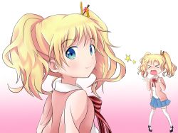 Rule 34 | &gt; &lt;, 10s, 1girl, alice cartelet, blonde hair, blue eyes, cardigan, closed eyes, kin-iro mosaic, looking back, multiple views, nagatsuka tyh, open mouth, school uniform, shirt, shoes, shouting, skirt, smile, thighhighs, twintails, white thighhighs