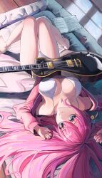 Rule 34 | 1girl, absurdres, aqua eyes, bare arms, bare shoulders, bikini, bocchi the rock!, book, breasts, electric guitar, feet, gotoh hitori, guitar, highres, instrument, jacket, large breasts, long hair, looking at viewer, lying, off shoulder, on back, open clothes, open jacket, pink hair, pink jacket, rasipan, smile, solo, swimsuit, toes, track jacket, white bikini