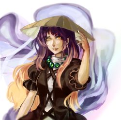 Rule 34 | 1girl, adjusting clothes, adjusting headwear, black dress, blonde hair, cross-laced clothes, dress, frills, gradient hair, hand on headwear, hat, highres, hijiri byakuren, jewelry, lantrat666, layered dress, long hair, looking at viewer, multicolored hair, necklace, puffy sleeves, purple hair, short sleeves, smile, solo, touhou, urban legend in limbo, wavy hair, white background, yellow eyes