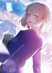 Rule 34 | 10s, 1girl, backlighting, blue eyes, blurry, blush, bokeh, brown hair, depth of field, from side, holding, holding paper, long sleeves, looking at viewer, looking back, miyamori aoi, nagareboshi, open mouth, paper, shirobako, short hair, smile, solo