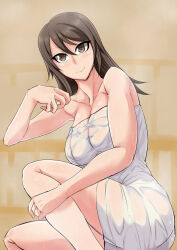 Rule 34 | 1girl, bare shoulders, breasts, brown eyes, brown hair, closed mouth, from side, girls und panzer, hand on own leg, large breasts, long hair, looking at viewer, mika (girls und panzer), naked towel, no headwear, on one knee, rancyonmat, see-through, smile, solo, towel, wet, wet towel, white towel