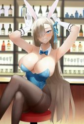 Rule 34 | 1girl, absurdres, alcohol, animal ears, armpits, asuna (blue archive), asuna (bunny) (blue archive), bare arms, bare shoulders, black pantyhose, blonde hair, blue archive, blue bow, blue bowtie, blue leotard, blue ribbon, bow, bowtie, breasts, brown hair, chinetsu15, cleavage, cocktail glass, collarbone, commentary request, crossed legs, cup, detached collar, dot nose, drinking glass, fake animal ears, gloves, hair over one eye, hair ribbon, hands up, highleg, highleg leotard, highres, impossible clothes, indoors, large breasts, leotard, liquor, long hair, looking at viewer, mole, mole on breast, no bra, official alternate costume, open mouth, pantyhose, parted bangs, playboy bunny, rabbit pose, ribbon, sitting, smile, solo, stool, strapless, strapless leotard, swept bangs, very long hair, white gloves