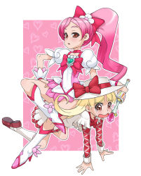 Rule 34 | 00s, 10s, 2girls, ashita no nadja, blonde hair, boots, bow, brooch, brown eyes, bullying, company connection, crossover, cure blossom, femdom, hanasaki tsubomi, heart, heart brooch, heartcatch precure!, highres, human chair, human furniture, jewelry, knee boots, long hair, magical girl, multiple girls, nadja applefield, pink background, pink bow, pink eyes, pink hair, ponytail, precure, sitting, sitting on person, takoyaki neko-san, tears, toei animation, wand, yuri