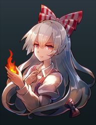 Rule 34 | 1girl, 60mai, black background, bow, commentary, cropped torso, fire, fujiwara no mokou, hair between eyes, hair bow, hand up, juliet sleeves, long hair, long sleeves, looking at viewer, puffy sleeves, red eyes, shirt, silver hair, simple background, solo, suspenders, touhou, upper body, v-shaped eyebrows, white bow, white shirt, wing collar