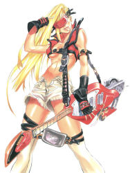 Rule 34 | 1girl, :p, arc system works, bare shoulders, blonde hair, breasts, cosplay, covered eyes, cutoffs, electric guitar, fingerless gloves, forehead protector, gloves, guilty gear, guitar, instrument, ishiwatari daisuke, kneehighs, long hair, marker (medium), midriff, millia rage, navel, official art, open fly, revealing clothes, shorts, single sleeve, socks, sol badguy, sol badguy (cosplay), solo, tongue, tongue out, traditional media, underboob, unzipped, vest