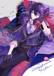 Rule 34 | 1boy, black gloves, black hair, buttons, cape, chair, commentary, crossed legs, demon horns, ensemble stars!, food, frilled necktie, frilled sleeves, frills, fruit, fur trim, gloves, hair between eyes, hand on own thigh, high collar, holding, holding food, holding fruit, horns, male focus, petals, red eyes, sailor collar, sakuma ritsu, seuga, short hair, sitting, solo, tongue, tongue out