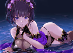 Rule 34 | 1girl, absurdres, armlet, bare shoulders, black gloves, black one-piece swimsuit, blush, breasts, covered navel, fate/grand order, fate (series), fingerless gloves, flower, gloves, gold trim, hair flower, hair ornament, hair up, half gloves, haneramu, highleg, highleg swimsuit, highres, index finger raised, large breasts, long hair, looking at viewer, murasaki shikibu (fate), murasaki shikibu (swimsuit rider) (fate), murasaki shikibu (swimsuit rider) (first ascension) (fate), one-piece swimsuit, parted lips, purple eyes, purple hair, ripples, shawl, single thighhigh, smile, swimsuit, thighhighs, thighs, water, wet