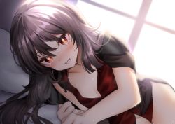 Rule 34 | 1girl, blush, breasts, brown eyes, brown hair, cleavage, commentary request, genshin impact, hair between eyes, highres, hu tao (genshin impact), long hair, looking at viewer, neit ni sei, no panties, nose blush, on bed, open mouth, short sleeves, smile, solo, sunlight, symbol-shaped pupils, tearing up, upper body, window