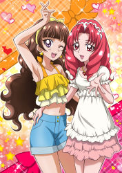 Rule 34 | 2girls, :d, ;d, akagi towa, amanogawa kirara, brown hair, cowboy shot, curly hair, earrings, go! princess precure, hanzou, jewelry, long hair, multicolored background, multiple girls, one eye closed, open mouth, parted bangs, precure, purple eyes, red eyes, red hair, shorts, skirt, smile, star (symbol), star earrings, twintails