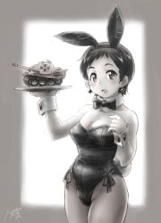 Rule 34 | 10s, 1girl, :o, animal ears, artist name, bow, bowtie, breasts, cleavage, commentary, cowboy shot, dated, detached collar, earrings, emblem, fake animal ears, fake tail, girls und panzer, greyscale, highleg, highleg leotard, holding, holding plate, jewelry, kuromorimine (emblem), leotard, looking at viewer, medium breasts, military, military vehicle, monochrome, motor vehicle, nyororiso (muyaa), open mouth, panther (tank), pantyhose, panther (tank), plate, playboy bunny, rabbit ears, rabbit tail, ritaiko (girls und panzer), shadow, short hair, side-tie leotard, signature, solo, standing, strapless, strapless leotard, tail, tank, very short hair, wrist cuffs