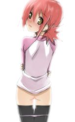 Rule 34 | ass, blush, bottomless, digimon, digimon xros wars, from behind, green eyes, hinomoto akari, looking at viewer, looking back, open mouth, panties, pink panties, pussy, red hair, simple background, thigh gap, thighhighs, underwear, white background
