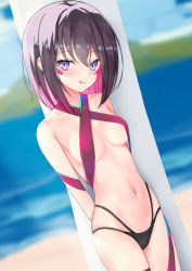 Rule 34 | 1girl, :q, azki (1st costume) (hololive), azki (hololive), bare shoulders, beach, bikini, bikini bottom only, black hair, breasts, collarbone, colored inner hair, facial mark, highres, hololive, midriff, multicolored hair, navel, pink hair, purple eyes, rifufu, short hair, small breasts, solo, swimsuit, tongue, tongue out, underboob, virtual youtuber, water
