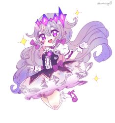 Rule 34 | 1girl, ammy, blush, bow, chest jewel, crown, dress, frilled dress, frills, gem, gloves, hair bow, hololive, hololive english, jumping, koseki bijou, long hair, looking at viewer, magical girl, multicolored hair, open mouth, purple eyes, purple hair, smile, solo, very long hair, virtual youtuber, white background