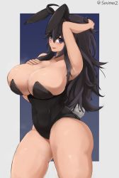 Rule 34 | 1girl, absurdres, ahoge, alternate breast size, animal ears, arm up, black hair, blush, breasts, cleavage, commentary, creatures (company), curvy, english commentary, game freak, hex maniac (pokemon), highres, huge breasts, leotard, long hair, looking at viewer, messy hair, nintendo, open mouth, playboy bunny, pokemon, pokemon xy, purple eyes, rabbit ears, rabbit tail, smile, solo, soveno, standing, tail, thick thighs, thighs