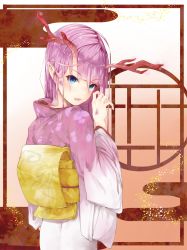 Rule 34 | 1girl, aiya, antlers, blue eyes, blush, dragon girl, egasumi, from behind, horns, japanese clothes, kimono, long hair, looking at viewer, looking back, monster girl, obi, open mouth, original, pink hair, pointy ears, round window, sash, scales, solo, window