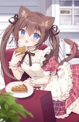 Rule 34 | 1girl, :o, animal ears, apron, armchair, blue eyes, blush, bow, breasts, brown hair, cat ears, cat girl, cat tail, chair, chestnut mouth, double-parted bangs, dress, food, frilled apron, frilled dress, frills, gingham bow, gingham dress, hair between eyes, hair ribbon, highres, holding, holding food, looking at viewer, lying, maid, miyasaka miyu, on side, original, pie, ribbon, small breasts, solo, tail, tail bow, tail ornament, twintails