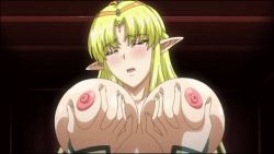 Rule 34 | animated, animated gif, blonde hair, blush, grabbing another&#039;s breast, breast press, breasts, elf, elf no futago-hime, covered erect nipples, closed eyes, grabbing, huge breasts, long hair, moaning, nipples, open mouth, pointy ears, screencap