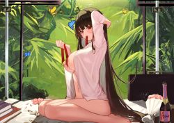 Rule 34 | 1girl, absurdres, arm up, bare legs, barefoot, bed, blouse, blush, book, book stack, bottle, bottomless, bouquet, breasts, breasts out, brown hair, bug, bullet, butterfly, chinese commentary, collared shirt, commentary, english commentary, flower, from side, full body, girls&#039; frontline, highres, insect, large breasts, long hair, looking at viewer, mixed-language commentary, mouth hold, navel, necktie, nineye, nipples, open clothes, open shirt, partially undressed, red eyes, shirt, sitting, solo, straight hair, tree, undone necktie, very long hair, wa2000 (girls&#039; frontline), wariza, white shirt, wine bottle