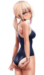 Rule 34 | 1girl, ass, back, black one-piece swimsuit, blonde hair, blush, breasts, commentary request, competition school swimsuit, hair between eyes, highres, long hair, looking at viewer, medium breasts, one-piece swimsuit, original, parted lips, ponytail, purple eyes, school swimsuit, sidelocks, simple background, solo, standing, swimsuit, tan, white background, yukemuriganmo