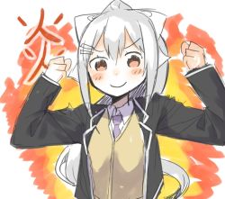 Rule 34 | 1girl, arms up, black jacket, blazer, blush stickers, bow, cardigan, closed mouth, collared shirt, fire, hair between eyes, hair bow, high ponytail, higuchi kaede, jacket, long hair, looking at viewer, moti yousei, necktie, nijisanji, open clothes, open jacket, ponytail, purple necktie, red eyes, school uniform, shirt, sidelocks, silver hair, sketch, smile, solo, upper body, very long hair, virtual youtuber, white background, white bow, white shirt