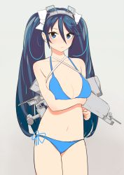 Rule 34 | 10s, 1girl, bikini, blue bikini, blue eyes, blue hair, blush, breast hold, breasts, cannon, cleavage, frown, grey background, hair between eyes, hair ornament, hair ribbon, isuzu (kancolle), kantai collection, large breasts, long hair, looking at viewer, ribbon, side-tie bikini bottom, signature, simple background, so shina, sohin, solo, swimsuit, twintails