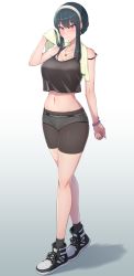 Rule 34 | 1girl, absurdres, bare shoulders, bike shorts, black hair, black socks, blush, bracelet, breasts, commission, covered erect nipples, earrings, english text, full body, hairband, highres, jewelry, looking at viewer, midriff, navel, necklace, panties, panties over bike shorts, pixiv commission, red eyes, ruberule, socks, solo, spy x family, strap slip, sweat, tank top, towel, underwear, yor briar