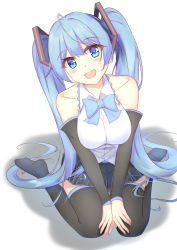 Rule 34 | 1girl, absurdres, bare shoulders, black footwear, black skirt, blue bow, blue bowtie, blue eyes, blue hair, blush, boots, bow, bowtie, breasts, collarbone, commentary request, detached sleeves, diving penguin, full body, hands on own knees, happy, hatsune miku, highres, long hair, looking at viewer, medium breasts, miniskirt, open mouth, pleated skirt, shirt, simple background, sitting, skirt, sleeveless, sleeveless shirt, solo, thigh boots, thighhighs, twintails, very long hair, vocaloid, wariza, white background, white shirt, zettai ryouiki