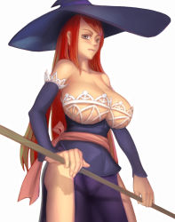 Rule 34 | 1girl, breasts, cleavage, dragon&#039;s crown, hat, huge breasts, simple background, solo, sorceress (dragon&#039;s crown), spiritoxa, staff, vanillaware, weapon