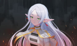 Rule 34 | 1girl, absurdres, cape, capelet, commentary, dress, earrings, elf, frieren, green eyes, highres, jewelry, long hair, long long life, looking at viewer, pointy ears, short dress, short eyebrows, solo, sousou no frieren, standing, upper body, white cape, white capelet, white dress, white hair