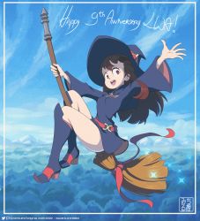 Rule 34 | 1girl, :d, absurdres, anniversary, artist name, boots, broom, broom riding, brown hair, cloud, day, dress, english text, flying, full body, hat, high heel boots, high heels, highres, holding, kagari atsuko, knee boots, little witch academia, looking at viewer, luna nova school uniform, medium hair, michirutnk, open mouth, outstretched arm, red eyes, resolution mismatch, riding, school uniform, short dress, sky, smile, solo, source smaller, teeth, upper teeth only, witch, witch hat
