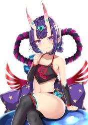 Rule 34 | 1girl, akino ell, bare shoulders, black thighhighs, blush, chinese clothes, closed mouth, collarbone, crossed legs, detached sleeves, dudou, fang, fang out, fate/grand order, fate (series), hand up, head tilt, headpiece, heart, highres, horns, long sleeves, navel, oni, pointy ears, purple eyes, purple hair, short eyebrows, shuten douji (fate), shuten douji (fate/grand order), shuten douji (halloween caster) (fate), sidelocks, simple background, skin-covered horns, skin fang, smile, solo, star (symbol), thick eyebrows, thighhighs, white background