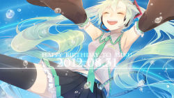 Rule 34 | 10s, 1girl, 2012, armpits, bad id, bad pixiv id, character name, dated, detached sleeves, closed eyes, green hair, hatsune miku, headset, io (sinking=carousel), long hair, necktie, open mouth, skirt, solo, thighhighs, twintails, very long hair, vocaloid, you (roka)