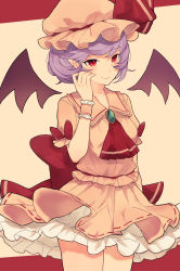 Rule 34 | 1girl, ascot, bad id, bad pixiv id, bat wings, closed mouth, hat, highres, pointing, pointing at viewer, purple hair, red ascot, red eyes, remilia scarlet, short hair, short sleeves, skirt, smile, solo, touhou, wings, wrist cuffs, yuusei tsukiro