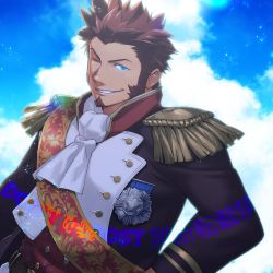 Rule 34 | 1boy, ascot, blue eyes, brown hair, cloud, cloudy sky, epaulettes, facial hair, fate/grand order, fate (series), fringe trim, goatee, highres, long sideburns, long sleeves, looking at viewer, male focus, mature male, medal, napoleon bonaparte (fate), one eye closed, sash, shirozo (shi69ma), short hair, shoulder sash, sideburns, sky, smug, solo, upper body