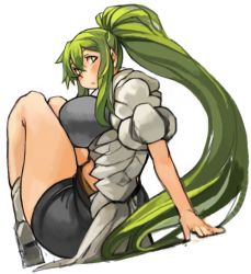 Rule 34 | 1girl, arm support, arms behind back, bike shorts, breasts, female focus, green hair, large breasts, long hair, original, sachito, sidelocks, simple background, sitting, solo, sumi-chan (sachito), very long hair, white background, yellow eyes