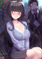 Rule 34 | 1boy, 1girl, @ @, alternate costume, antenna hair, bags under eyes, black hair, black necktie, black skirt, black wings, blue archive, blush, breasts, cleavage, closed mouth, collarbone, collared shirt, day, doodle sensei (blue archive), halo, highres, kazukoto, large breasts, long hair, long sleeves, looking at viewer, melting halo, necktie, outdoors, pleated skirt, red eyes, red halo, sensei (blue archive), shirt, sitting, skirt, tears, tsurugi (blue archive), white shirt, wings