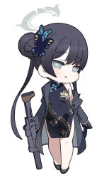 Rule 34 | 1girl, bare shoulders, black dress, black footwear, black gloves, black hair, blue archive, breasts, butterfly hair ornament, chibi, china dress, chinese clothes, covered navel, double bun, dress, full body, gloves, grey eyes, grey jacket, gun, hair bun, hair ornament, halo, holding, holding gun, holding weapon, jacket, kisaki (blue archive), long hair, looking at viewer, nyaru (nyaru 4126), off shoulder, open clothes, open jacket, parted lips, pinstripe pattern, shoes, simple background, sleeveless, sleeveless dress, small breasts, solo, striped, twintails, very long hair, weapon, white background