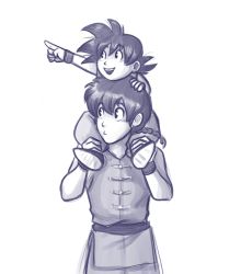 Rule 34 | 2boys, :d, black hair, braid, braided ponytail, carrying, child, chinese clothes, crossover, dragon ball, dragon ball (classic), drawfag, greyscale, hand on head, hands up, looking to the side, male focus, monochrome, multiple boys, open mouth, piggyback, pointing, ponytail, purple theme, ranma 1/2, saotome ranma, single braid, sketch, smile, son goku, standing, wristband