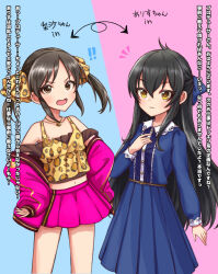 Rule 34 | !, 2girls, animal print, bare legs, bare shoulders, black hair, blue background, body switch, breasts, brown eyes, collar, commentary request, cowboy shot, crop top, blue dress, dress, frilled collar, frills, frown, hand on own chest, hands on own hips, highres, idolmaster, idolmaster cinderella girls, jacket, jewelry, leopard print, long hair, looking at viewer, matoba risa, medium hair, miniskirt, multiple girls, necklace, off-shoulder jacket, off shoulder, open mouth, personality switch, pink background, pink jacket, pink skirt, shirokeda1010, simple background, skirt, small breasts, tachibana arisu, translation request, twintails, very long hair, yellow eyes