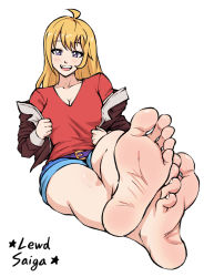 Rule 34 | 1girl, absurdres, barefoot, blonde hair, blush, feet, foot focus, highres, lewdsaiga, long hair, looking at viewer, open mouth, purple eyes, simple background, sitting, smile, soles, solo, toes, white background