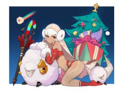 Rule 34 | 1girl, absurdres, altera (fate), altera the santa (fate), animal, bare shoulders, bell, choker, christmas tree, closed mouth, dark-skinned female, dark skin, detached sleeves, earmuffs, fate/grand order, fate (series), gift, gloves, head tilt, headdress, highres, leg tattoo, legs, looking to the side, midriff, navel, photon ray (fate), rainbow, red eyes, red footwear, revealing clothes, sheep, shiny skin, short hair, smile, socks, solo, stomach, tan, tattoo, thighs, veil, warum, white hair