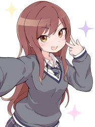 Rule 34 | 1girl, :d, black skirt, blue necktie, blush, breasts, brown eyes, brown hair, diagonal-striped clothes, diagonal-striped necktie, diagonal-striped neckwear, grey sweater, hand up, idolmaster, idolmaster shiny colors, long hair, long sleeves, necktie, open mouth, osaki amana, outstretched arm, reaching, reaching towards viewer, selfie, simple background, skirt, sleeves past wrists, small breasts, smile, solo, sparkle, striped clothes, striped necktie, striped neckwear, sweater, tadanoshi kabane, v, v-shaped eyebrows, very long hair, white background
