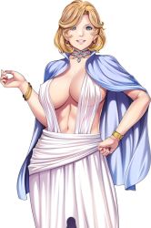 Rule 34 | 1girl, blonde hair, blue cape, bracelet, breasts, cape, cleavage, clenched teeth, collar, covered erect nipples, dress, earrings, game cg, great deceiver, green eyes, itou reia, jewelry, large breasts, legs, looking at viewer, medium hair, navel, original, sei shoujo, smile, solo, standing, teeth, thighs, transparent background, white dress