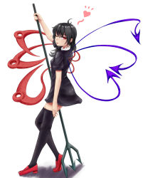 Rule 34 | 1girl, ahoge, asymmetrical hair, asymmetrical wings, black dress, black hair, black thighhighs, breasts, dress, full body, fuwatoro (enemy-of-society), heart, highres, houjuu nue, looking at viewer, polearm, red eyes, red footwear, shiny clothes, shoes, short dress, simple background, small breasts, solo, thighhighs, tongue, tongue out, touhou, trident, weapon, white background, wings, zettai ryouiki