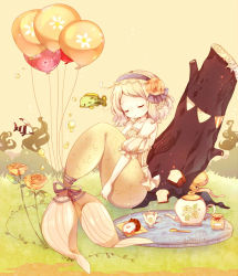 Rule 34 | 1girl, air bubble, bad id, bad pixiv id, balloon, bare shoulders, blonde hair, blue hairband, bottle, bow, bread, bubble, closed eyes, coco (hinatacoco), collarbone, cup, curly hair, detached sleeves, doughnut, fish, flower, food, forehead, frilled hairband, frills, full body, grass, hair flower, hair ornament, hairband, hugging own legs, log, medium hair, mermaid, monster girl, octopus, original, plate, seaweed, solo, teacup, teapot, teaspoon, tray, twitter username, underwater, yellow background
