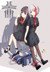 Rule 34 | 2girls, absurdres, admiral graf spee (azur lane), admiral graf spee (girl&#039;s sunday) (azur lane), animal, arm support, azur lane, bag, bag charm, bird, black dress, black hair, black shirt, black skirt, blue eyes, blush, book, bow, bowtie, breasts, character charm, character doll, charm (object), chick, closed mouth, commentary request, cross, desk, deutschland (azur lane), dress, grin, hand up, hat, head tilt, highres, iron cross, leaning on object, long hair, military hat, multicolored hair, multiple girls, necktie, on desk, pantyhose, peaked cap, protractor, puffy short sleeves, puffy sleeves, red hair, red neckwear, ruler, school bag, school desk, set square, sharp teeth, shirt, short necktie, short sleeves, sidelocks, signature, sitting, skirt, skull and crossbones, small breasts, smile, streaked hair, teeth, very long hair, voids, white hair, white hat