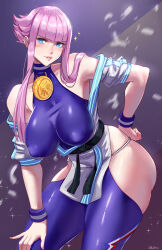 Rule 34 | 1girl, bare shoulders, blue eyes, blush, breasts, dougi, flipped hair, highres, hip vent, large breasts, leaning forward, looking at viewer, manon legrand, martial arts belt, medallion, off shoulder, pink hair, short hair with long locks, sidelocks, solo, street fighter, street fighter 6, ultrabinou, wristband