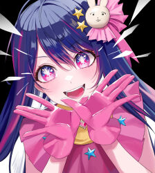 Rule 34 | + +, 1girl, black background, blue hair, blush, gloves, hair between eyes, hair ornament, hands up, highres, hoshino ai (oshi no ko), korean commentary, long hair, looking at viewer, multicolored eyes, multicolored hair, open mouth, oshi no ko, pink eyes, pink gloves, pink hair, purple eyes, rabbit hair ornament, simple background, smile, solo, star (symbol), star hair ornament, streaked hair, teeth, tongue, upper body, xu wen (bbb2822828)