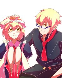 Rule 34 | blonde hair, blush, boots, cleaning maid (touhou), collared shirt, gender request, genderswap, glasses, hand on another&#039;s head, hat, headpat, highres, knees to chest, looking at another, maid, necktie, portrait of exotic girls, rokki hero, shirt, touhou